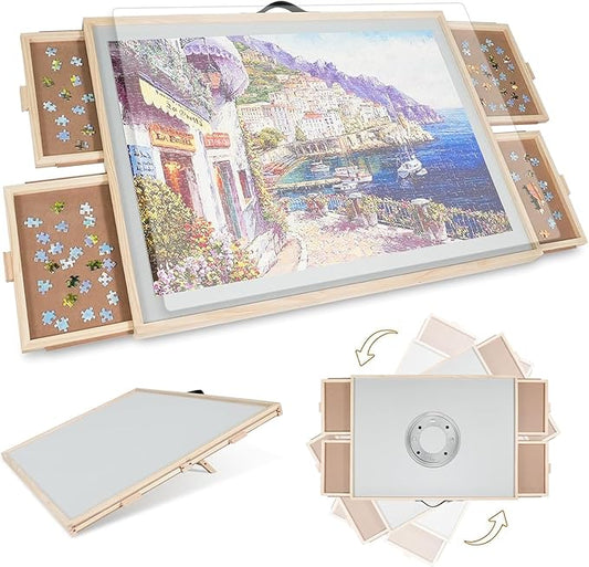 ALL4JIG 2000 Pieces 2-in-1 Tilting & Rotating Puzzle Board for Adults Gifts, Wooden Jigsaw Puzzle Table with 4 Drawers, 28.5" x 40.1" Portable Board with Lazy Susan and Cover