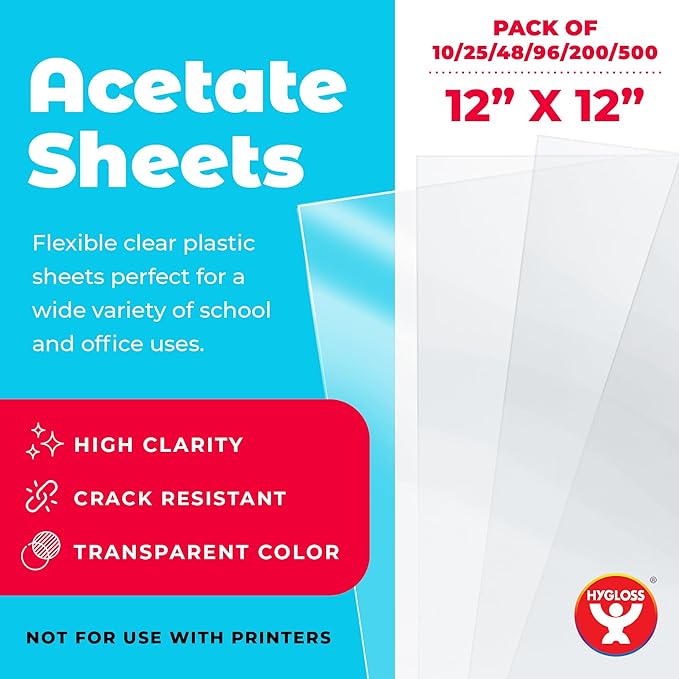 Hygloss 12" x 12" Acetate Paper - 7 Mil Clear Acetate Sheets for Crafts Projects, Cricut Stencil Sheets, Classroom Stencil Sheets, Reusable Transparent Clear Plastic Sheet (Not for Printers) 48 Pack