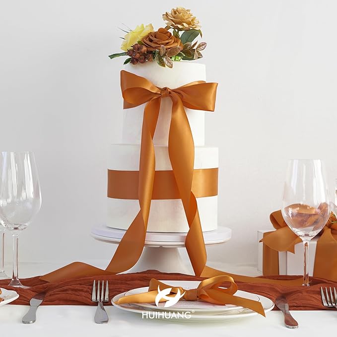 HUIHUANG Burnt Orange Ribbon 2 inch Wide Double-Faced Orange Satin Silk Ribbon for Flower Bouquet Wrap, Gift Wrapping, Fall Wedding Decor, Crafts and Bows Making- 25 Yards/Roll