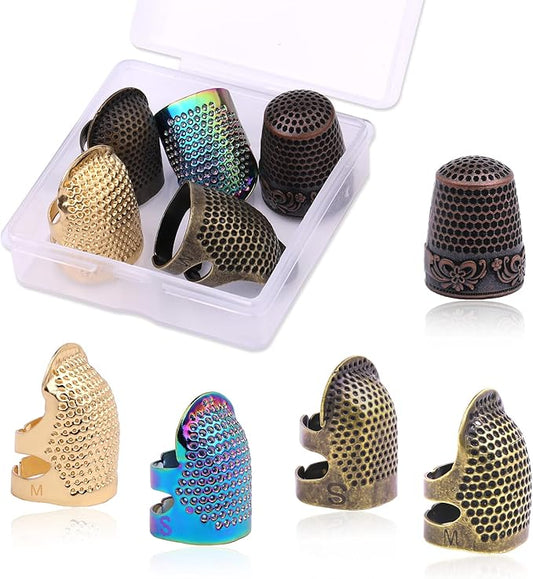 5 Pcs Sewing Thimbles, Adjustable Metal Sewing Thimble Rings, Finger Protector for Hand DIY, Red Bronze Metal Shield, DIY Sewing Tools Accessories, Thimble Ring for Quilting