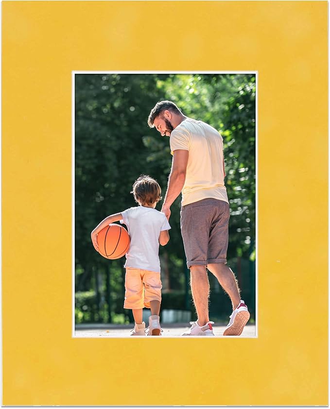 Pack of 25 Acid Free 11x14 Mats Bevel Cut for 8.5x11 Photos - Sunrise Yellow Suede Precut Matboards With Backing Boards and Clear Photo Mat Bags For Pictures, Photos, Framing - 4-ply Thickness
