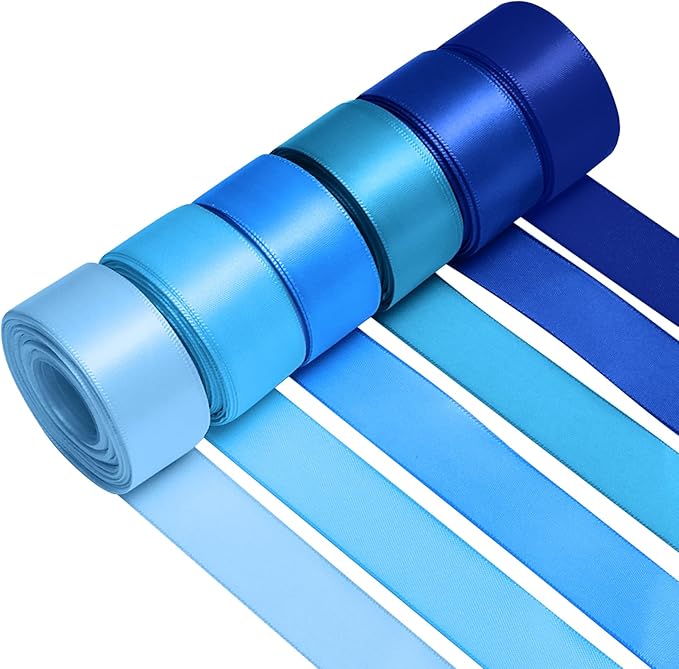 1 Inch Blue Satin Ribbons for Crafts, 6 Rolls Single-Faced Blue Assorted Ribbons for Gift Wrapping Flower Bouquet Wedding Invitations Bridal Shower Hair Bows Garland Party Decor