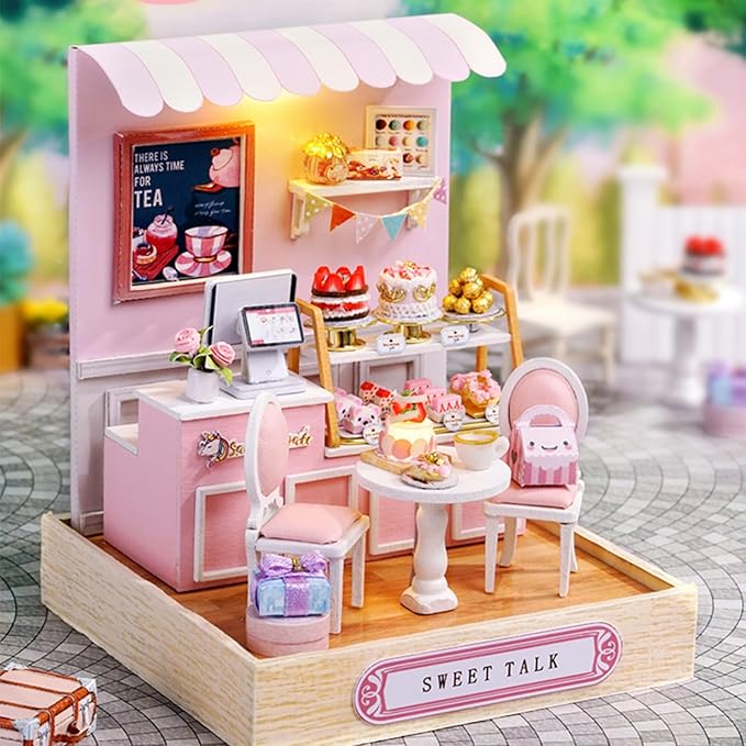 DIY Miniature House Kit, Mini House Building Kit with LED & Dust Cover, DIY Wooden Dollhouse Miniature Kit for Adults Teen, Wooden Crafts Lovely Dollhouse Kit, Sweet Talk