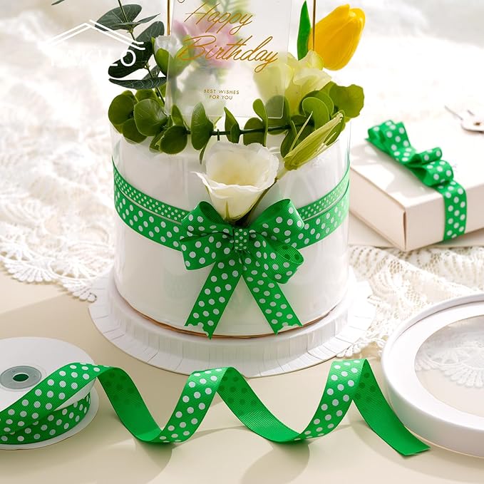 Polka Dot Grosgrain Ribbon 5/8 Inch, 25 Yards Spool Green and White Polka Dot Ribbon for Christmas Gift Wrapping DIY Crafts Hair Bows Wedding Party Decor Sewing and Home Decoration