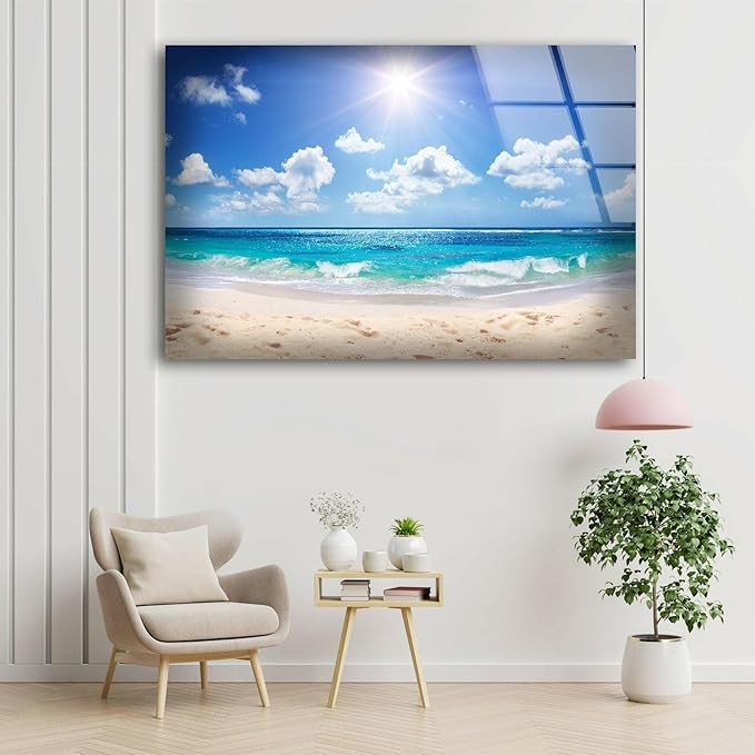 My Photostation.com 28Wx18H'' Summer Beach Landscape Glass Wall ArtTempered Glass Printing Wall Decor Large Wall Art Wall Hangings