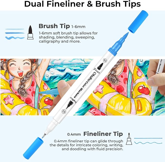 Ohuhu Markers for Adult Coloring Books No Bleeding 100 Colors Coloring Markers Water-based Dual Tips Fineliner & Brush Drawing Pens Art Pens for Kids Adults Sketch Journal - Maui - White
