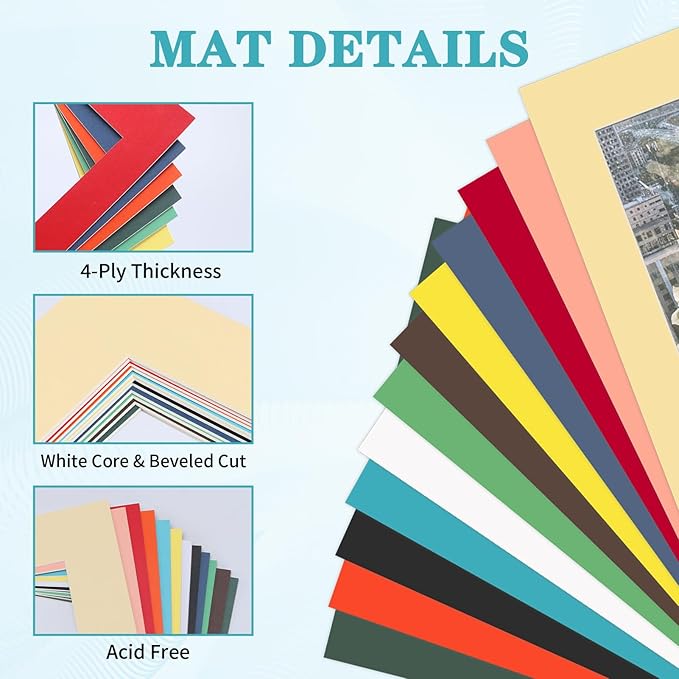 ZBEIVAN 12 Packs Mixed Colors 11x14 Picture Frame Mats for 8.5x11 Photos, Artworks and Prints, White Core Bevel Cut Frame Mattes