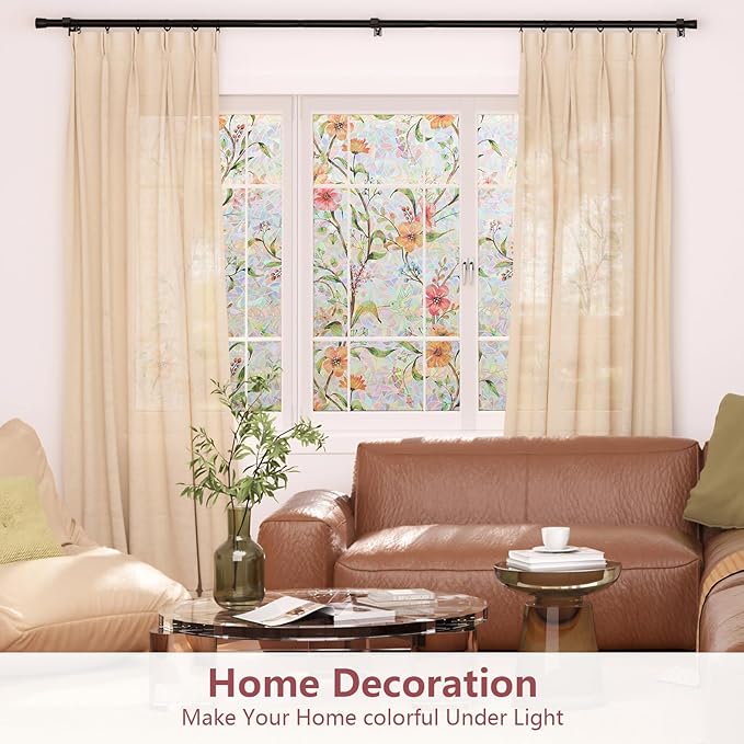 NINETREX Window Privacy Film,Stained Glass Window Film,Rainbow Decorative Stickers Static Cling Anti UV Heat Control for Home Decor (Galsang Flower,17.5 x 157.4inch)