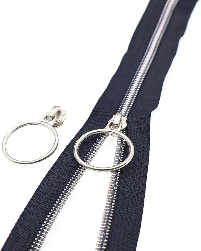 Leekayer Silver Metallic Nylon Coil Zippers by The Yard Bulk 10 Yards Navy Black with 25pcs Silver Sliders for DIY Sewing Tailor Craft Bag