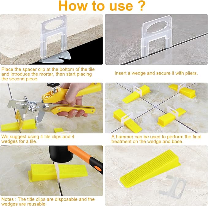 Storystore Tile Leveling System with Tile Pliers and Hammer - 300 Piece Tile Spacers Clips and 100 Piece Reusable Wedges, 1/8 Inch Tile Installation Tools Kit
