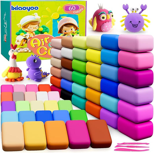 Air Dry Clay for Kids, 60 Colors Molding Magic Clay, Safe & Non-Toxic, DIY Model Arts & Crafts Kit with Sculpting Tools, Birthday&Christmas Gift for Age 3-12 Years Old Girls & Boys Kids