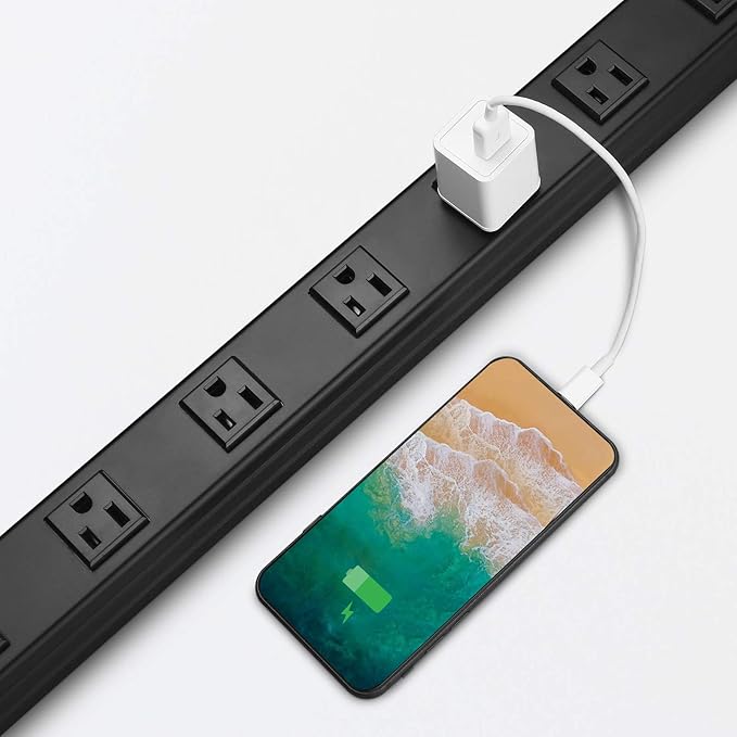 Heavy Duty Power Strip - 16 Outlet Industrial Metal Strip, 6FT Cord, 15A, 125V, 1875W (Black)