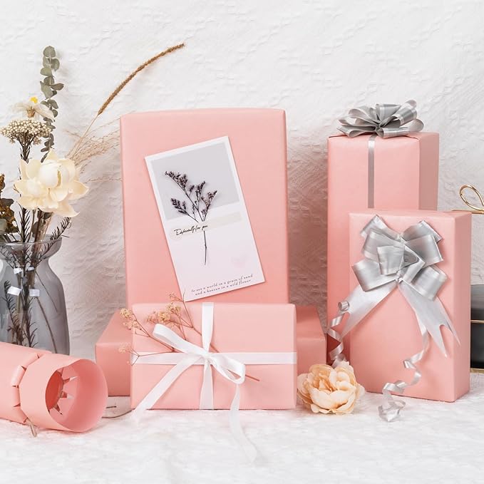 NESCCI Pink Matte Wrapping Paper,Solid Color Pearly-Lustre Paper,Gift Wrapping Paper,Perfect for Wedding,Valentine's Day,Birthday, Christmas,Baby Shower,DIY Bouquet (17 Inches X 32.8 Feet)