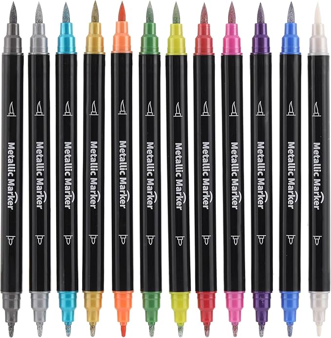 Colourcolor Pack of 12 Metallic Marker Pens - Dual Tip Brush & Fine Point Pens for DIY Album, Black Cards, Rock Painting, Card Making, Scrapbooking, Fabric, Metal, Ceramics, Wine Glass