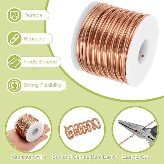 MECCANIXITY 9 Gauge Anodized Aluminum Craft Wire Bendable Bonsai Training Wire 56 Feet 3mm for Sculpting Crafts Wreath Floral Beading Jewelry Making, Copper Tone