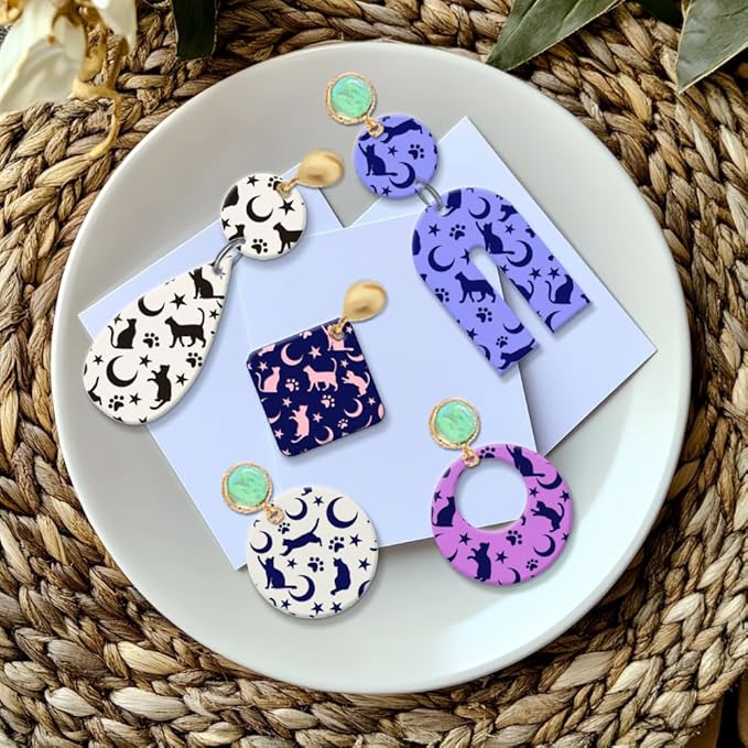 CHGCRAFT Cat Polymer Clay Texture Sheets Moon Stars Texture Stamp Sheets Silicone Texture Stamp Clay Texture Mat Texture Sheets for Polymer Clay Jewelry and Clay Earrings Tools