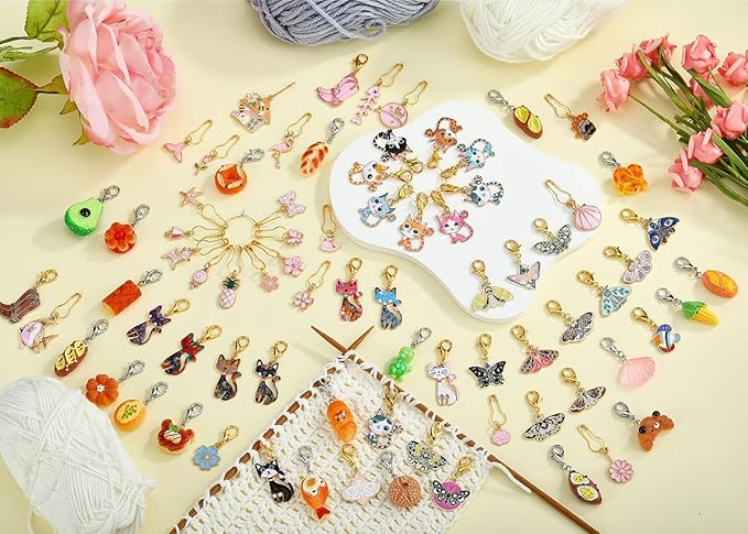 BEEFLYING 16Pcs Flower Stitch Marker Charms for Crocheting and Knitting, Alloy Enemal Crochet Knit Stitch Marker Pendant with Lobster Clasp for Sewing Quilting Handmade Jewelry