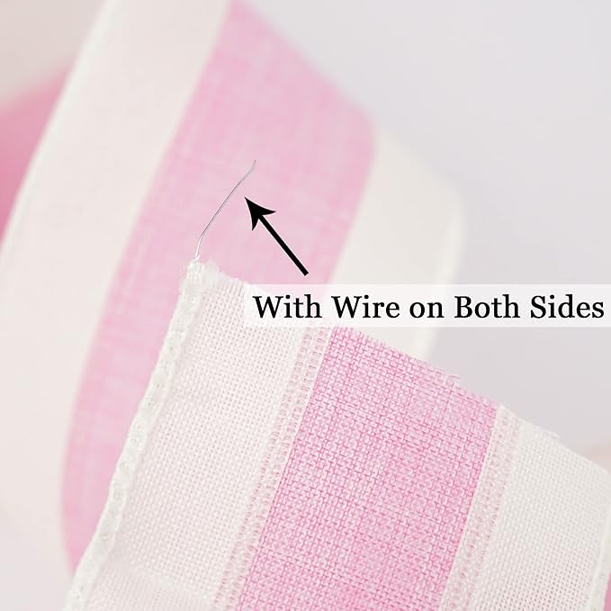MEEDEE Pink White Stripe Wired Burlap Ribbon with Ivory Stripes Edge - 2.5 Inch, Light Pink (10 Yards) for Wreaths, Garland, Lantern, Mailbox Topper Bow