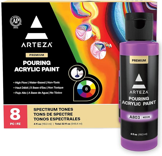 ARTEZA Acrylic Pouring Paint Set, 8 Rainbow Colors, 4 oz Bottles, High-Flow Paint, No Mixing Needed, Art Supplies for Canvas, Glass, Paper, Wood, Tile, and Stones