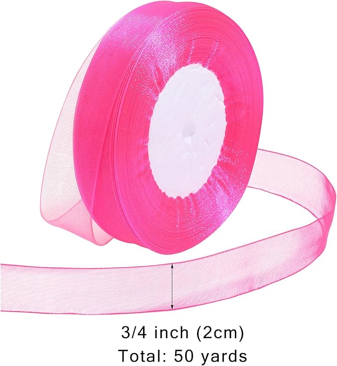 Ribbon for Gift Wrapping 3/4 inch Hot Pink Sheer Organza Ribbon for Flower Bouquet Tulle Thin Chiffon Ribbons for Wedding Invitations Christmas Halloween Presents Decorations Crafts 50 Yards