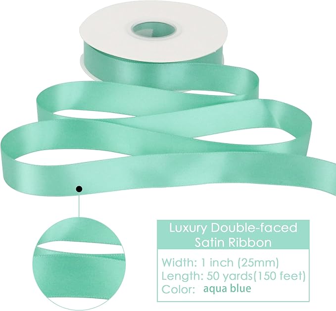 HUIHUANG Satin Ribbon 1 inch Aqua Blue Ribbon 50 Yards Aqua Blue Double Face Silk Satin Ribbons for Crafts Christmas Tree Decor Gift Wrapping Bows Bridal Floral Bouquet Wedding Baby Shower Decor