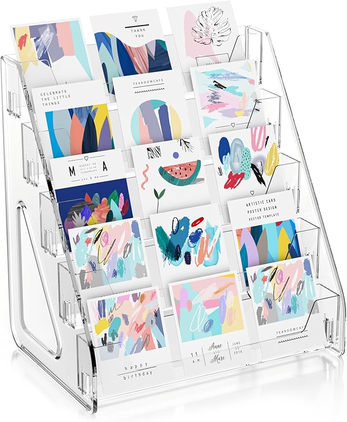5 Tier Acrylic Card Display Stand, Clear Display for Greeting Cards, Sports Cards, Postcards, Stickers & Brochures