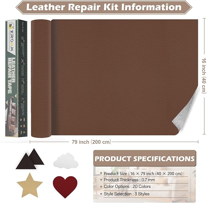 Leather Repair Tape, 16x79 inch Leather Patches for Furniture, Self Adhesive Leather Repair Patch for Sofas, Couches, Leather Covers, Seats, Chairs, Vinyl Repair Tape Dark Brown
