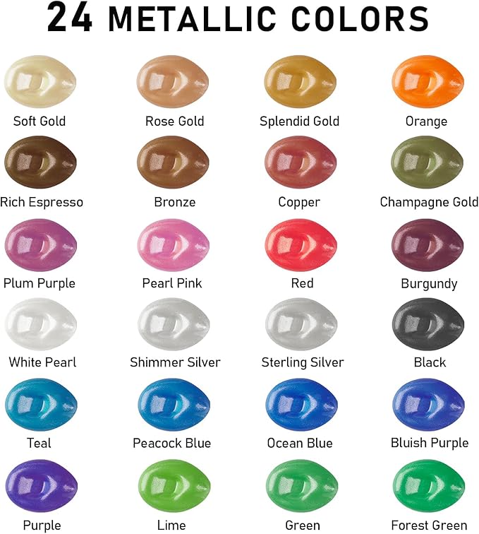 ABEIER Metallic Acrylic Paint, Set of 24 Metallic Colors in 2oz/60ml Bottle, Rich Pigments, Non Fading, Non Toxic Paints for Artist, Beginners & Kids Painting on Rocks Crafts Canvas Wood, Fabric&Stone