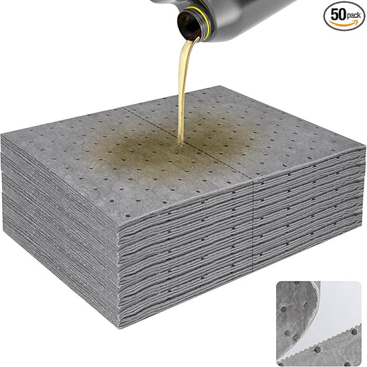 50PC Oil Absorbent Pads | 13"x10" Meltblown Polypropylene Mats, Hand-Tear Lines for Automotive & Workshop | Vacuum Eco-Packaging, Reusable Spill Control
