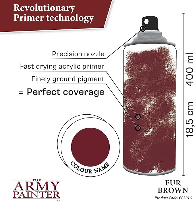 The Army Painter Colour Primer Fur Brown, 400 mL Acrylic Spray Primer, Spray Paint Basecoat for Miniature Priming, Tabletop Roleplaying, Boardgames, and Wargames Miniature Modelling