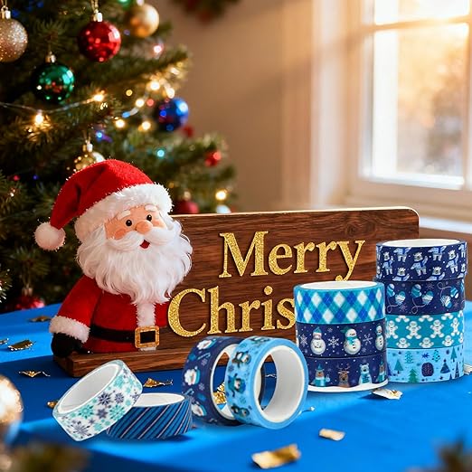 12 Rolls Winter Washi Tape Set Blue White Snowflake Snowman Holiday Masking Tape Xmas Tree Reindeer Penguin Holiday Decorative Tapes for Scrapbook Journal DIY Craft Gift Wrapping Party Decor 16.4FT