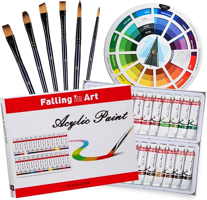 Falling in Art Acrylic Paint Set, Canvas Painting Kit with 24 Acrylic Paints, Nylon Brushes for Kids, Adults, Beginners, Hobbyists, Artists, 31 Pieces Set