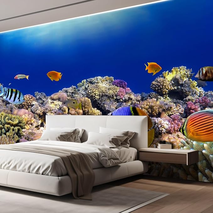 wall26 Wall Sticker/Wall Mural Tropical Blue Fish Coral Reef Ocean Seascape Nature Wilderness, Not Peel and Stick, Non-Woven Wallpaper Decorative for Bedroom, Living Room, Office - 96x144 inches