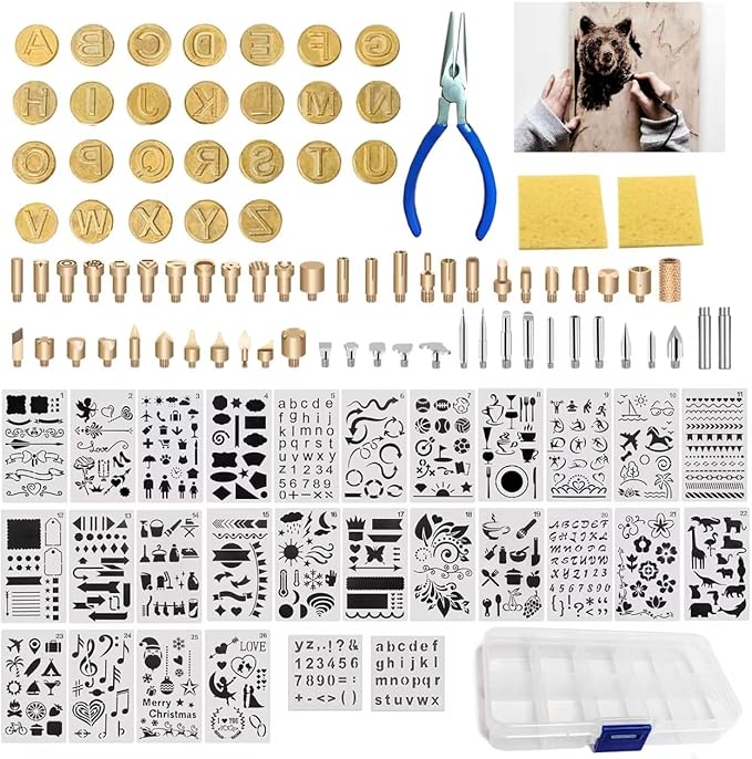 BEZALEL 112Pcs Wood Burning Tips - Pyrography Wood Burning Kit Includes Wood Burning Tips Only Wood Burning Letters Wood Burning Stencils and Patterns for Embossing Carving DIY Adults Crafts Beginners