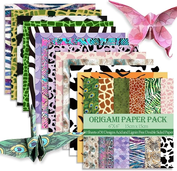 Square Origami Paper 6x6 Double Sided 50 Sheets 50 Colors 70GSM Origami Kit Japanese Chiyo Easy Fold Arts Crafts DIY Handwork Beginner Animal Fur