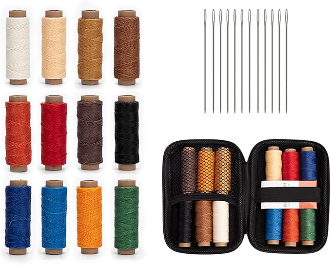 WUTA Leather Waxed Thread Round Polyester Sewing Threads Leather Craft Hand Stitching Line DIY Bracelet Thread Repair Work Cord with 12 Pcs Needles and Storage Bag (0.65mm)