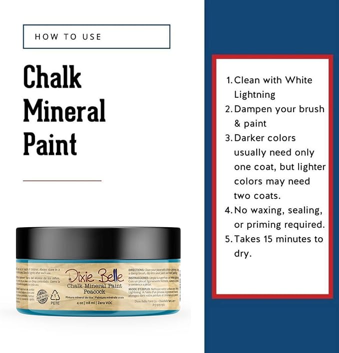 Dixie Belle Paint Company Chalk Finish Furniture Paint - Peacock (4oz) - Matte True Teal Chic Chalk Mineral DIY Furniture Paint