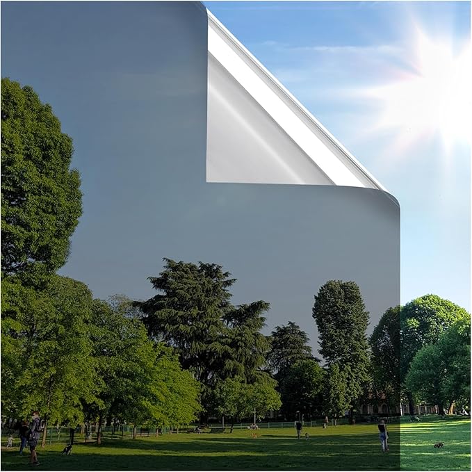 rabbitgoo Window Privacy Film One Way Window Tint for Home, Removable Reflective Heat Sun Blocking Anti UV Glass Door Covering, Mirror Tinting Film House Office, 17.5 in X 13.1 Feet, Black Silver