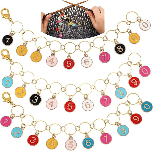 COGCHARGER 3Pcs Flat Round with Number Alloy Enamel Charms Knitting Row Counter Chains for Knitting and Crochet Stitch Markers