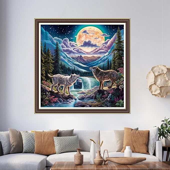 Foxhool Beginners Cross Stitch Kits Stamped Full Range of Embroidery Kits for Adults DIY Cross Stitches kit Embroidery Patterns for Needlepoint kit-Moonlight Wolf 17.7x17.7 inch