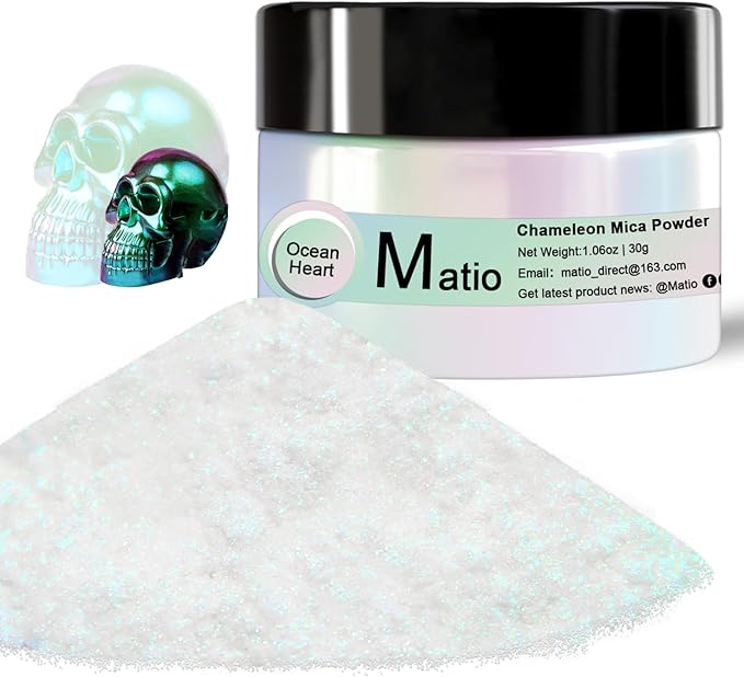 Matio Chameleon Mica Powder, 1.06oz/ 30g Ocean Heart White Chrome Powder, Pearlescent Effect Color Shift Pigment for Resin Craft, Soap Candle Dye, Nail Art, Makeup, Bath Bomb, Paint, Slime Pigment