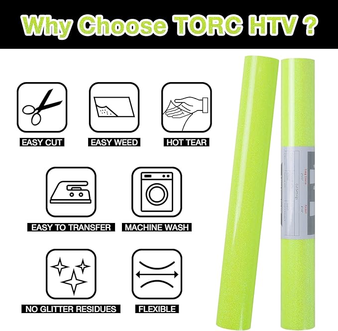 TORC Yellow Glitter HTV Heat Transfer Vinyl 2 Rolls Iron on Vinyl for T Shirts Crafts 12 inch x 5 ft