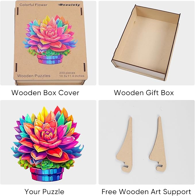 Valentine's Day Wooden Puzzles Colorful Flower Pot 200pcs 11.2'' x 11.2'', Luxurious Shaped Wood Puzzle, Beautiful Package, Best Gift for Adults and Kids, Family Game