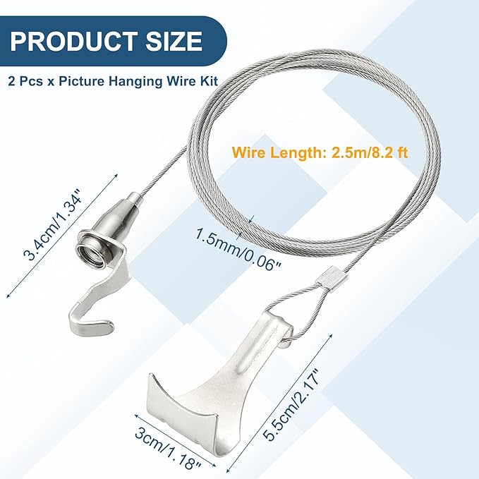 uxcell 2Pcs Picture Hanging Wire Kit, 2.5 m x 1.5 mm Heavy Duty Picture Hangers Adjustable Wire Rope with S-Hooks and Loop, Load 35kg/77.1 lbs for Hanging Mirrors Light Lamp Artwork