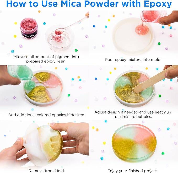 Rolio Mica Powder Pearlescent Color Pigment - 12 Jars for Resin Epoxy, Soap Making, Nail Polish, Lip Gloss, Eye Shadow, Bath Bomb, Slime & Candle - 10g Each (Tropical Sunset)