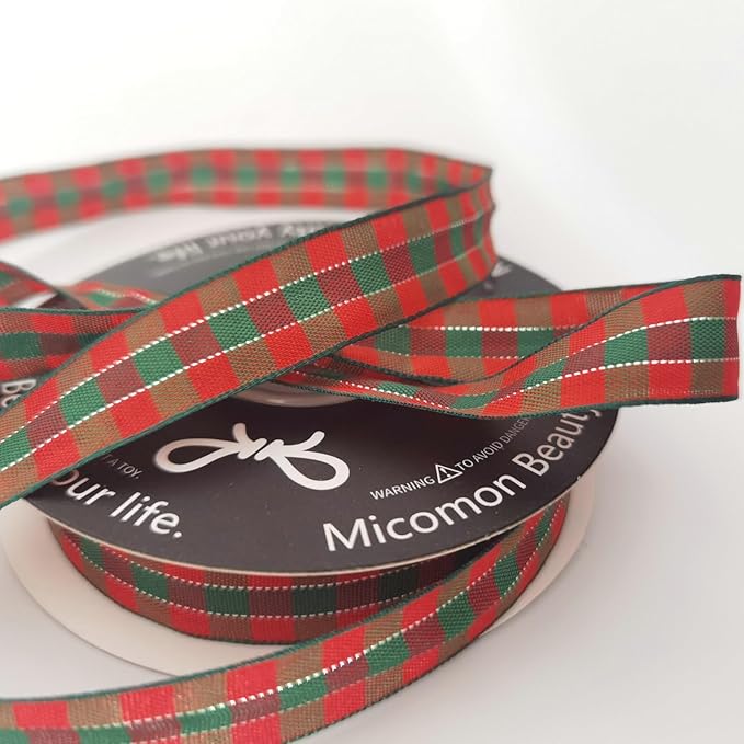 Micomon Christmas Ribbon Gingham Checkered Ribbon 25 Yards Plaid Ribbon for Christmas Crafts, Gift Wrapping(5/8",RedGreenSilver)