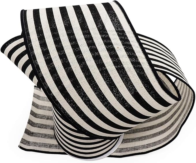 CT CRAFT LLC Striped Canvas Cotton Ribbon 4" x 10 Yards Ivory/Black Stripes for Thanksgiving Christmas Home Décor Gift Wrapping Outdoor Tree Topper Bow Wreath