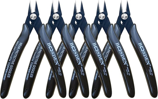 Flush Cut Pliers, 5 Pack, 5 Inch Small Wire Cutters, BOOSDEN 170 Wire Cutters Flush Cutter Pliers, Micro Cutter for Crafts, Models, Zip Ties Snips, Nippers, Electronic