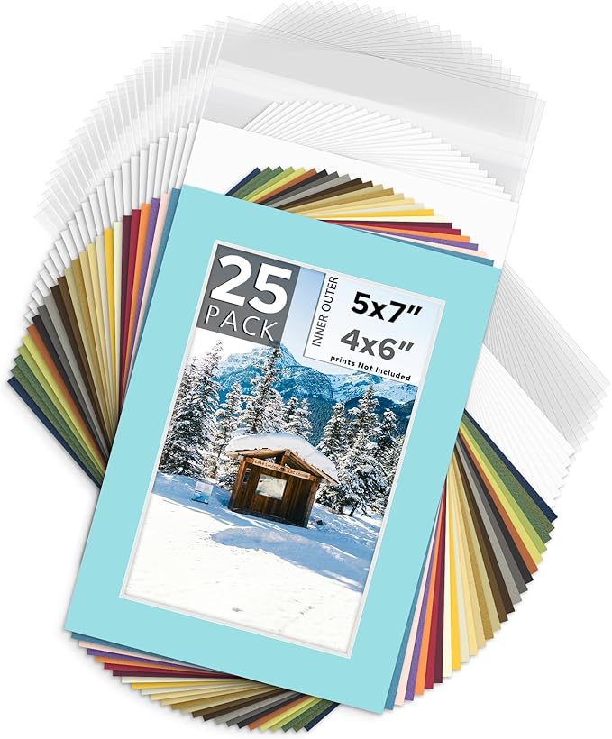 Mat Board Center, Pack of 25, 5x7 for 4x6 Mix Color Mat Kit - Acid Free, 4-ply Thickness, White Core - Includes Backing Boards and Clear Bags - for Pictures, Photos, Framing