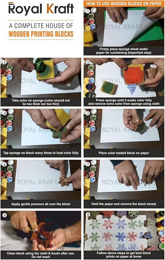 Royal Kraft Wooden Stamps for Block Printing on Saree Border, Textile, Clay, Pottery, Tattoo (Set of 10) MXtag0010
